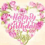 A stunning heart made of pink roses surrounds the elegant script text 'Happy Birthday Jing' on a soft beige background. Animated sparkles add a magical and festive feel.