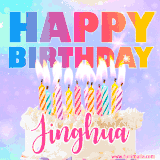 A vibrant animated name GIF with the words 'Happy Birthday Jinghua' with colorful candles on a creamy cake. The background sparkles with pastel shades, adding a festive touch.