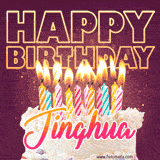A colorful birthday cake topped with lit candles, with the words 'Happy Birthday Jinghua' in bold glowing letters on a burgundy background. Animated flames add a festive touch.