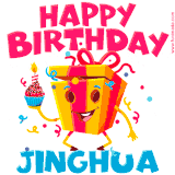 A vibrant and funny gift box character with a happy face dancing with a cupcake and the text 'Happy Birthday Jinghua,' surrounded by animated confetti and party vibes.