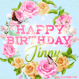 A charming animated GIF featuring 'Happy Birthday Jinny' in pink and green text, surrounded by delicate roses, leaves, and fluttering butterflies on a soft light blue pastel background.