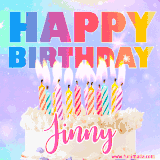 A vibrant animated name GIF with the words 'Happy Birthday Jinny' with colorful candles on a creamy cake. The background sparkles with pastel shades, adding a festive touch.