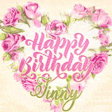 A stunning heart made of pink roses surrounds the elegant script text 'Happy Birthday Jinny' on a soft beige background. Animated sparkles add a magical and festive feel.