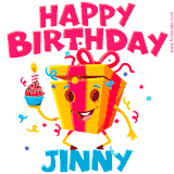 A vibrant and funny gift box character with a happy face dancing with a cupcake and the text 'Happy Birthday Jinny,' surrounded by animated confetti and party vibes.