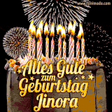A chocolate birthday cake with glowing candles, the German text 'Alles Gute zum Geburtstag Jinora,' and vibrant fireworks lighting up the background in an animated GIF.