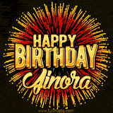 Golden 'Happy Birthday Jinora' text accompanied by animated rainbow fireworks for a festive animated greeting.