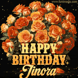 Animated bouquet of orange roses with moving butterfles and golden 'Happy Birthday Jinora' text, surrounded by sparkling accents and a dark backdrop for a luxurious feel.