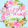 A charming animated GIF featuring 'Happy Birthday Jinora' in pink and green text, surrounded by delicate roses, leaves, and fluttering butterflies on a soft light blue pastel background.