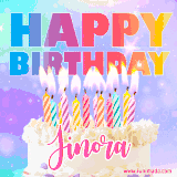 A vibrant animated name GIF with the words 'Happy Birthday Jinora' with colorful candles on a creamy cake. The background sparkles with pastel shades, adding a festive touch.