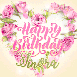 A stunning heart made of pink roses surrounds the elegant script text 'Happy Birthday Jinora' on a soft beige background. Animated sparkles add a magical and festive feel.