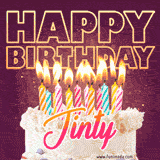 A colorful birthday cake topped with lit candles, with the words 'Happy Birthday Jinty' in bold glowing letters on a burgundy background. Animated flames add a festive touch.