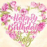 A stunning heart made of pink roses surrounds the elegant script text 'Happy Birthday Jinty' on a soft beige background. Animated sparkles add a magical and festive feel.
