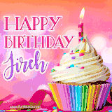 A vibrant birthday GIF featuring a rainbow-colored cupcake topped with white frosting, sprinkles, and a lit candle. The text reads 'Happy Birthday Jireh' in bold pink and violet letters with white outline.