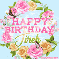 A charming animated GIF featuring 'Happy Birthday Jireh' in pink and green text, surrounded by delicate roses, leaves, and fluttering butterflies on a soft light blue pastel background.