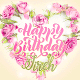 A stunning heart made of pink roses surrounds the elegant script text 'Happy Birthday Jireh' on a soft beige background. Animated sparkles add a magical and festive feel.