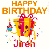A vibrant and funny gift box character with a happy face dancing with a cupcake and the text 'Happy Birthday Jireh,' surrounded by animated confetti and party vibes.