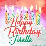 Bright birthday candles with rainbow flames on a cake, alongside the text 'Happy Birthday Jiselle' in vibrant script in this celebratory animated GIF.