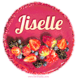 Beautifully decorated red velvet berry birthday cake with vibrant fruits and a glowing 'Jiselle' name, adding a touch of sweetness and sparkle.