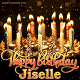 A glowing personalized birthday GIF with name Jiselle featuring lit candles with intricate designs, warm lighting, and the text 'Happy Birthday' in an elegant font.