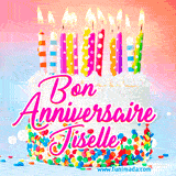 A white birthday cake covered in colorful sprinkles, topped with bright candles, and French text 'Bon Anniversaire Jiselle' on a pastel gradient background in an animated GIF.
