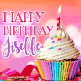 A vibrant birthday GIF featuring a rainbow-colored cupcake topped with white frosting, sprinkles, and a lit candle. The text reads 'Happy Birthday Jiselle' in bold pink and violet letters with white outline.