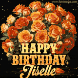 Animated bouquet of orange roses with moving butterfles and golden 'Happy Birthday Jiselle' text, surrounded by sparkling accents and a dark backdrop for a luxurious feel.