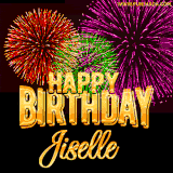 A golden 'Happy Birthday Jiselle' message with vibrant fireworks in the background, creating a festive and celebratory vibe in this animated name GIF.