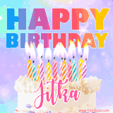 A vibrant animated name GIF with the words 'Happy Birthday Jitka' with colorful candles on a creamy cake. The background sparkles with pastel shades, adding a festive touch.