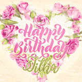 A stunning heart made of pink roses surrounds the elegant script text 'Happy Birthday Jitka' on a soft beige background. Animated sparkles add a magical and festive feel.