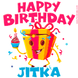 A vibrant and funny gift box character with a happy face dancing with a cupcake and the text 'Happy Birthday Jitka,' surrounded by animated confetti and party vibes.