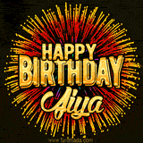 Golden 'Happy Birthday Jiya' text accompanied by animated rainbow fireworks for a festive animated greeting.