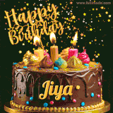 A delightful chocolate birthday cake with bright candles and 'Happy Birthday Jiya' written in gold amidst a shower of animated stars.