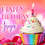 A vibrant birthday GIF featuring a rainbow-colored cupcake topped with white frosting, sprinkles, and a lit candle. The text reads 'Happy Birthday Jiya' in bold pink and violet letters with white outline.