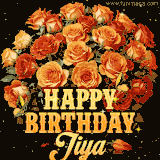 Animated bouquet of orange roses with moving butterfles and golden 'Happy Birthday Jiya' text, surrounded by sparkling accents and a dark backdrop for a luxurious feel.