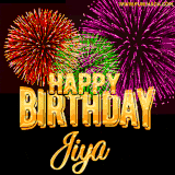 A golden 'Happy Birthday Jiya' message with vibrant fireworks in the background, creating a festive and celebratory vibe in this animated name GIF.