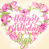 A stunning heart made of pink roses surrounds the elegant script text 'Happy Birthday Jiya' on a soft beige background. Animated sparkles add a magical and festive feel.