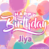 A vibrant name GIF featuring colorful balloons in shades of pink, orange, and yellow with the bold text 'Happy Birthday Jiya' in festive fonts, creating a lively birthday vibe.