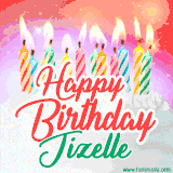 Bright birthday candles with rainbow flames on a cake, alongside the text 'Happy Birthday Jizelle' in vibrant script in this celebratory animated GIF.