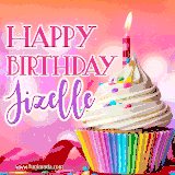 A vibrant birthday GIF featuring a rainbow-colored cupcake topped with white frosting, sprinkles, and a lit candle. The text reads 'Happy Birthday Jizelle' in bold pink and violet letters with white outline.