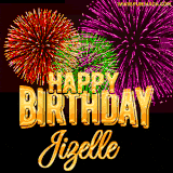 A golden 'Happy Birthday Jizelle' message with vibrant fireworks in the background, creating a festive and celebratory vibe in this animated name GIF.