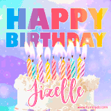 A vibrant animated name GIF with the words 'Happy Birthday Jizelle' with colorful candles on a creamy cake. The background sparkles with pastel shades, adding a festive touch.