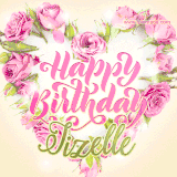 A stunning heart made of pink roses surrounds the elegant script text 'Happy Birthday Jizelle' on a soft beige background. Animated sparkles add a magical and festive feel.