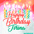 Bright birthday candles with rainbow flames on a cake, alongside the text 'Happy Birthday Jiřina' in vibrant script in this celebratory animated GIF.
