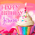 A vibrant birthday GIF featuring a rainbow-colored cupcake topped with white frosting, sprinkles, and a lit candle. The text reads 'Happy Birthday Jiřina' in bold pink and violet letters with white outline.