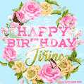 A charming animated GIF featuring 'Happy Birthday Jiřina' in pink and green text, surrounded by delicate roses, leaves, and fluttering butterflies on a soft light blue pastel background.