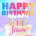 A vibrant animated name GIF with the words 'Happy Birthday Jiřina' with colorful candles on a creamy cake. The background sparkles with pastel shades, adding a festive touch.