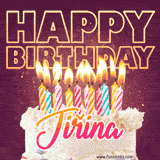 A colorful birthday cake topped with lit candles, with the words 'Happy Birthday Jiřina' in bold glowing letters on a burgundy background. Animated flames add a festive touch.