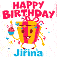 A vibrant and funny gift box character with a happy face dancing with a cupcake and the text 'Happy Birthday Jiřina,' surrounded by animated confetti and party vibes.