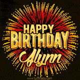 Golden 'Happy Birthday Jlynn' text accompanied by animated rainbow fireworks for a festive animated greeting.