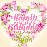 A stunning heart made of pink roses surrounds the elegant script text 'Happy Birthday Jlynn' on a soft beige background. Animated sparkles add a magical and festive feel.